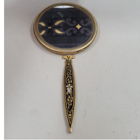 Vintage Etched Brass Black Enamel Blue Bead Floral Boho Vanity Hand Mirror - Picture 3 of 8